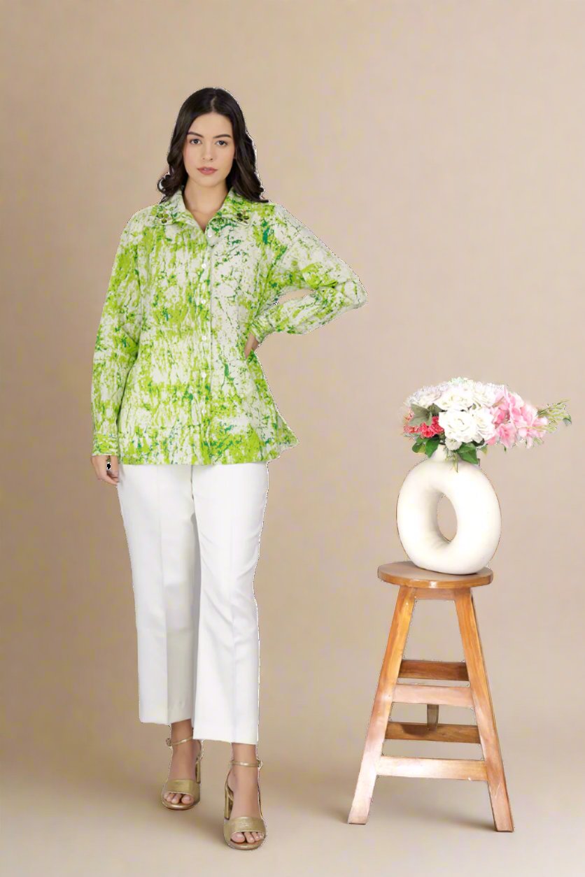 Women wearing pure cotton shirt with shibori print. Trendy womens tops 