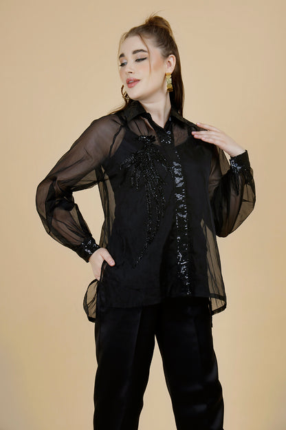 Black Bird Hand Beaded Shirt