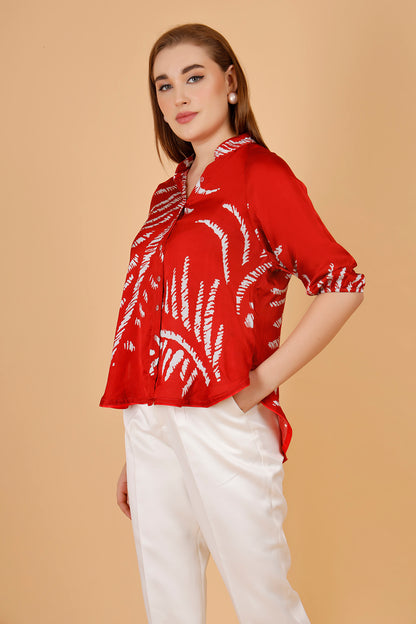 red printed satin shirts for women