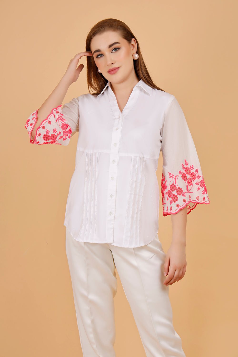 Embroidered white cotton tops-Pink