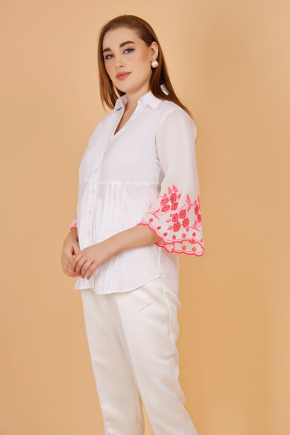 Embroidered white cotton tops-Pink