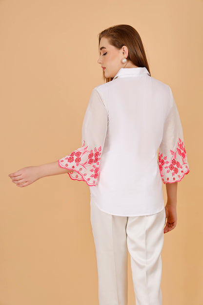 Embroidered white cotton tops-Pink