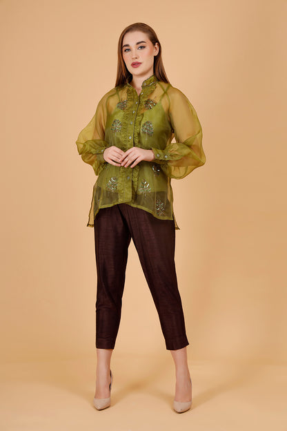 Fern Olive Hand Beaded Shirt