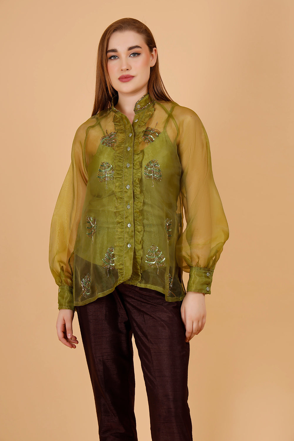 Fern Olive Hand Beaded Shirt