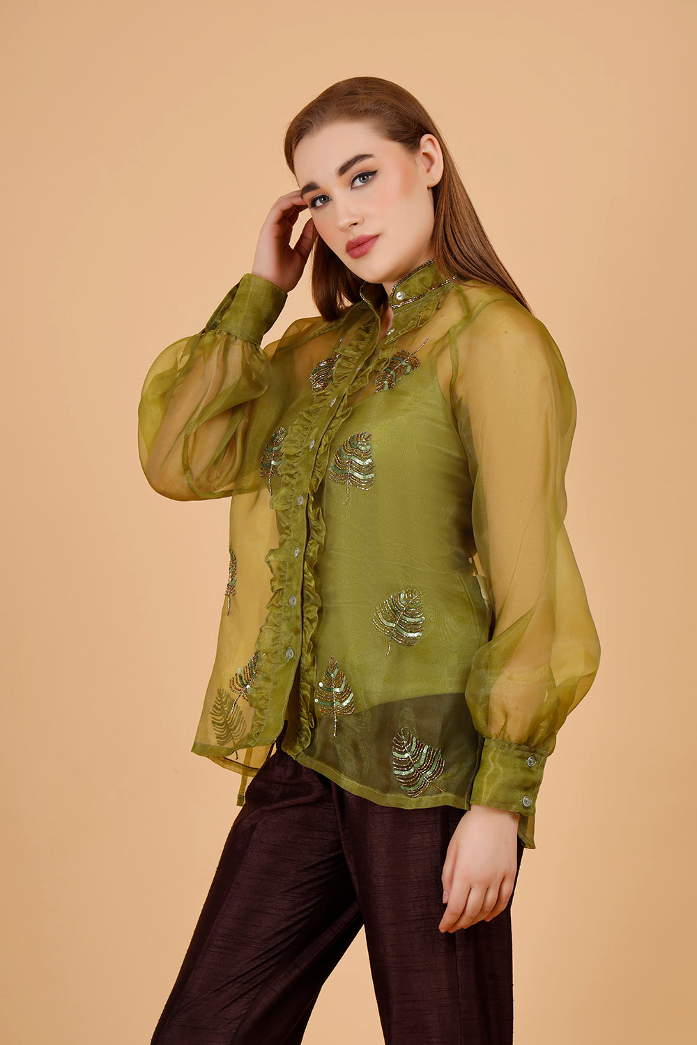 Fern Olive Hand Beaded Shirt