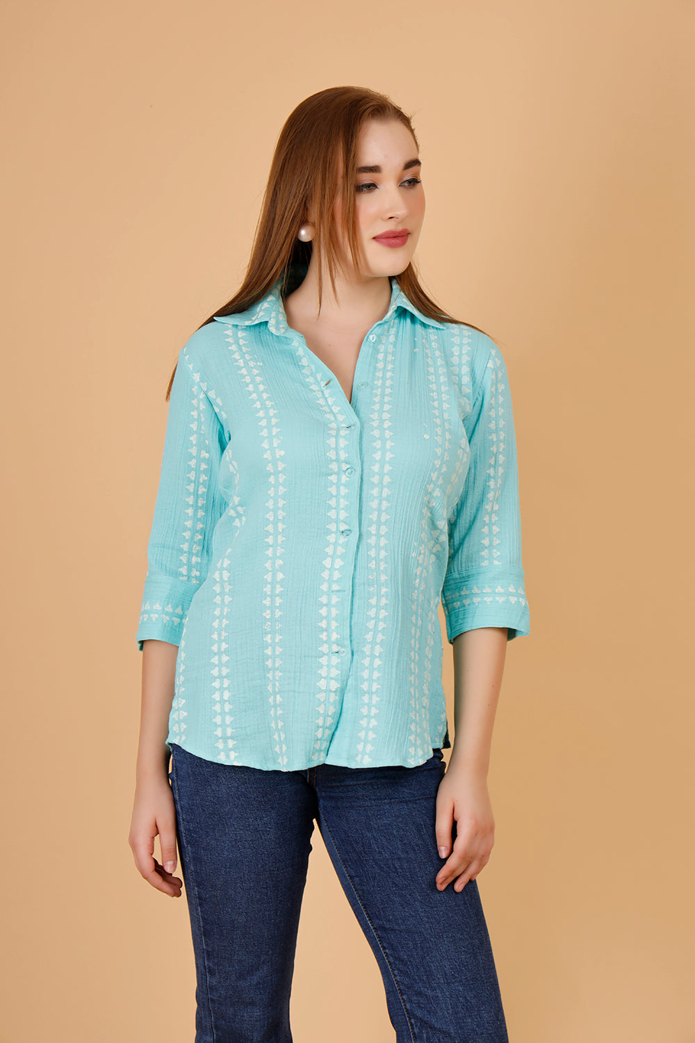 Aqua block print ladies cotton blouses