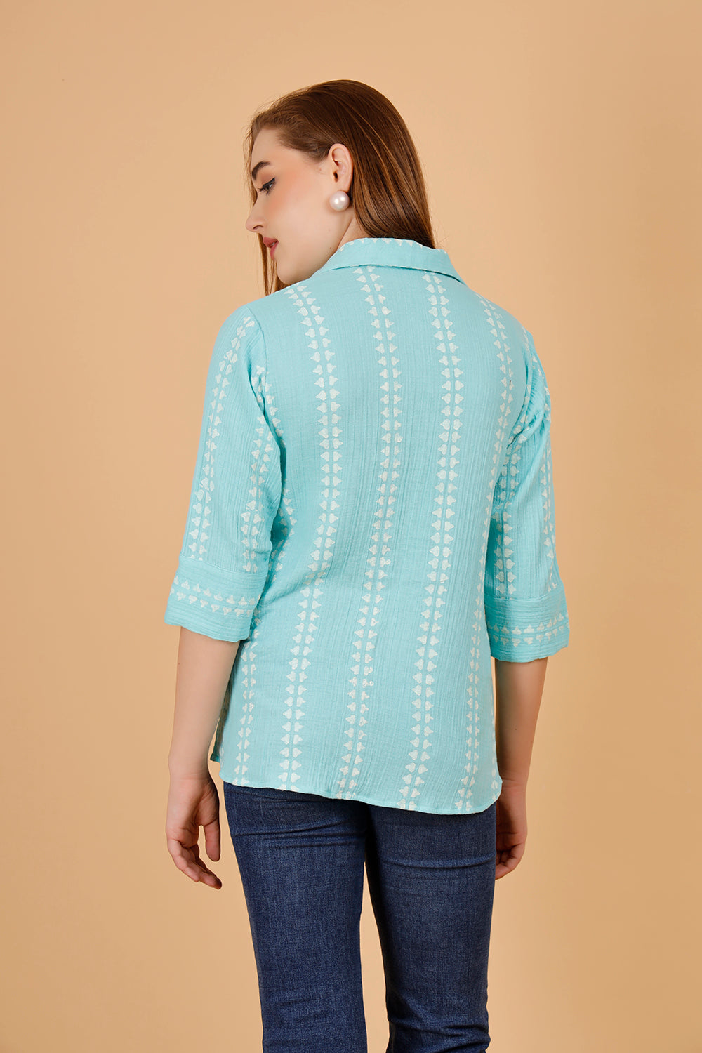 Aqua block print ladies cotton blouses