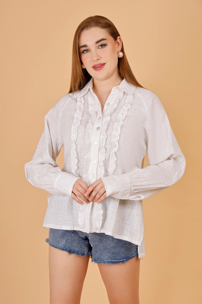 White Linen Blend Frill Shirt