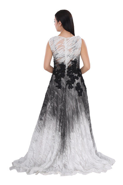 Monochrome Brushed Effect Beaded Cocktail Gown